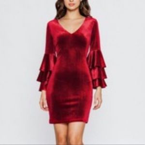 Burgundy Faux Suede Velour Layered Bell Statement Sleeve Fitted Mini Dress S M L